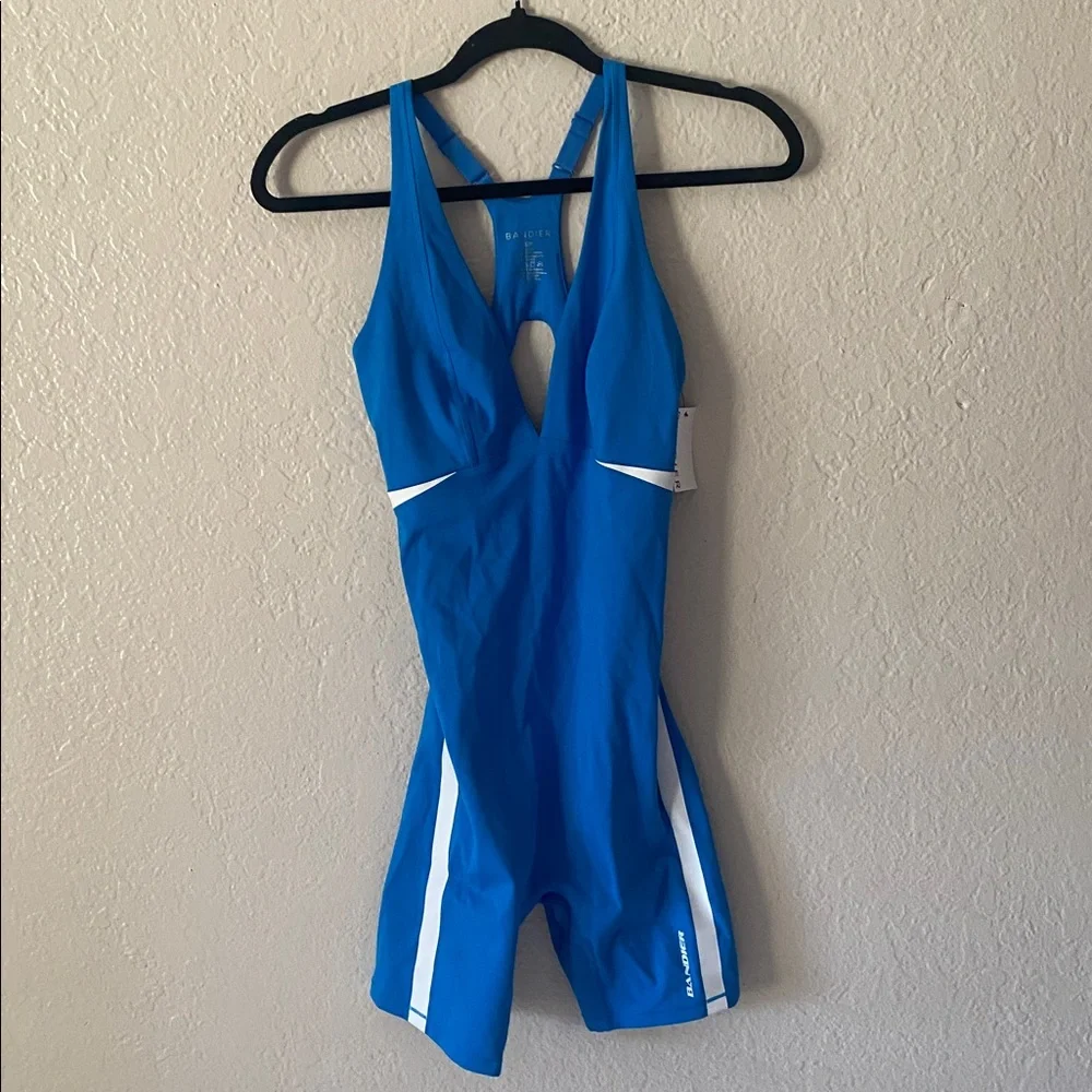 BANDIER V-Neck Plunge Contrast Short Catsuit 🐈‍⬛ Size S Blue White Luxury Chic